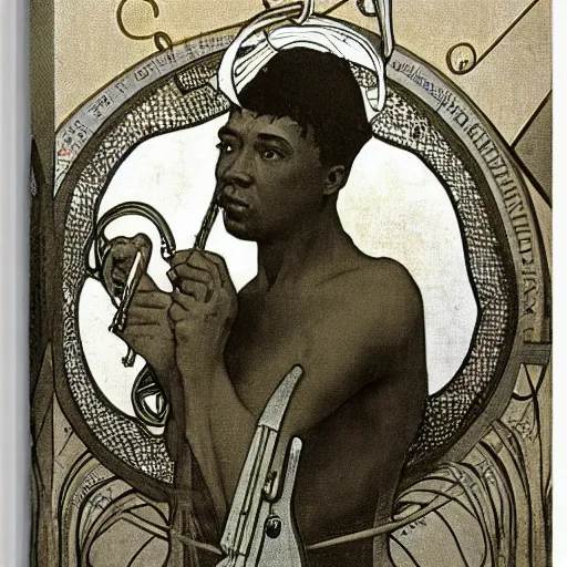 Image similar to charlie parker by hieronymus bosch alphonse mucha