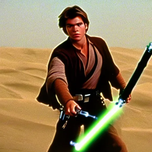 Image similar to A full color still from a film of a teenage Han Solo as a Jedi padawan holding a lightsaber hilt, from The Phantom Menace, directed by Steven Spielberg, 35mm 1990