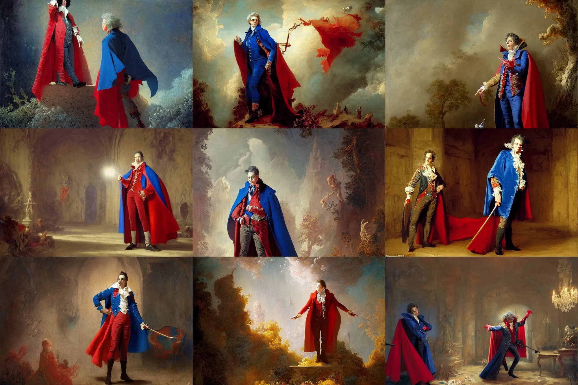 Prompt: a vampire nobleman with a blue and red cape, stars, sincere, modern maximalist suit, is ( ( holding a cane ) ). light dust, magnificent, hyperdetailed, theatrical, painted by jean honore fragonard and greg rutkowski