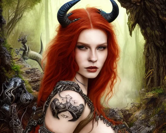 Image similar to 5 5 mm portrait of an armored gorgeous anesthetic redhead woman with a face tattoo and horns growing from her head, and small dragon sitting on her shoulder in a magical forest in the style of stefan kostic, art by luis royo. highly detailed 8 k. intricate. lifelike. soft light. nikon d 8 5 0. cinematic post - processing