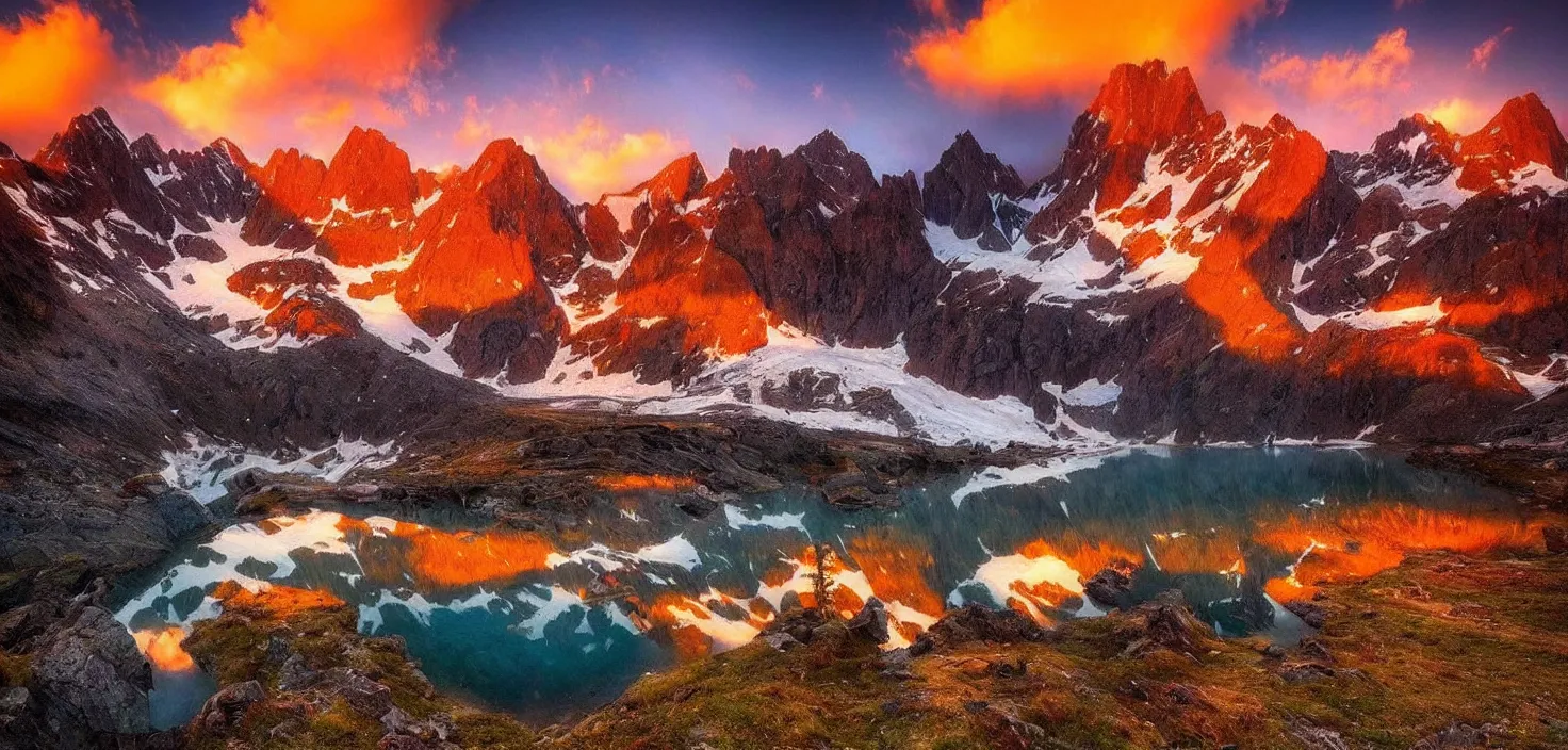 Image similar to amazing landscape photo of mountains with lake in sunset by marc adamus, beautiful dramatic lighting