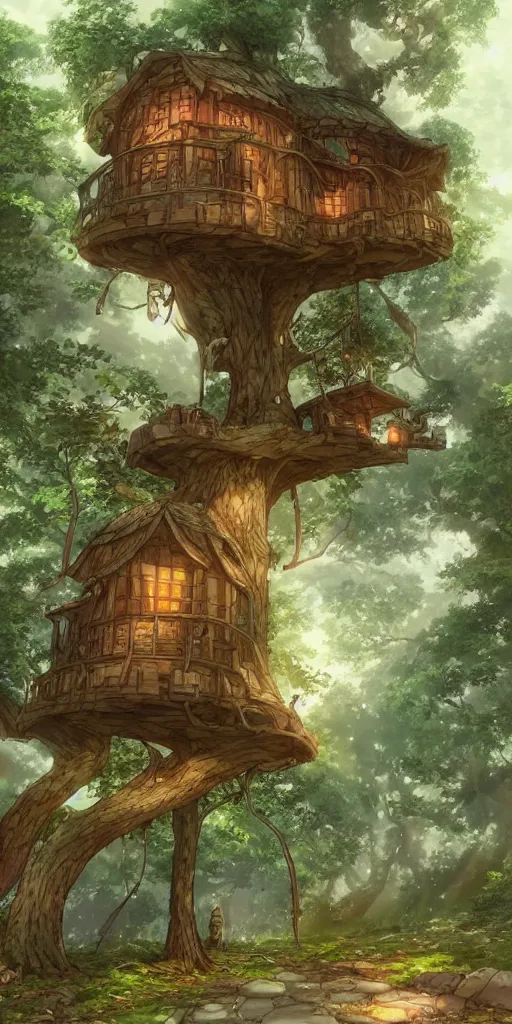 Image similar to beautiful tree house on a forest path, beautiful ancient trees, hiding large treasure chest, serene evening atmosphere, soft lens, soft light, cel - shading, animation, in the style of cgsociety, deviantart, artstation, zbrush, cinema 4 d, studio ghibli, akihiko yoshida, atelier lulua, masamune shirow