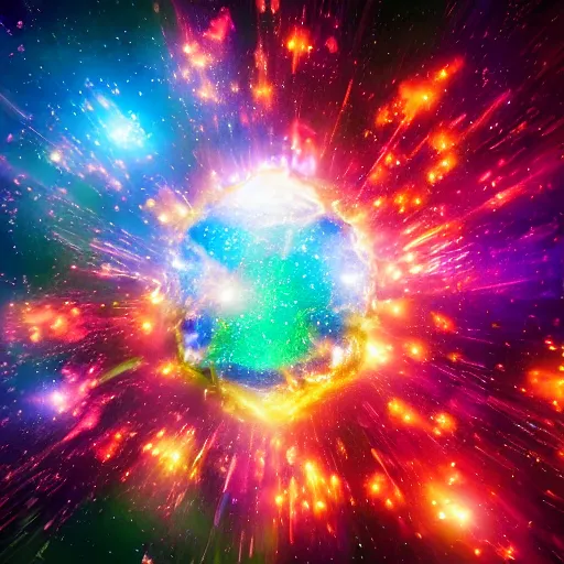 Image similar to colorful fragmented nebula explosion, dust particles, bokeh, iridescent jagged crystal fragmentation, elaborate detail, tilt-shift macro lens, lens flare, rendered in octane, visual effects, x-particles, redshift, cinematic, 8k render