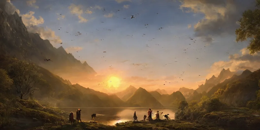 Image similar to A majestic landscape featuring a river, mountains and a forest. A group of birds is flying in the sky. There is an old man with a dog standing next to him. The man is wearing a backpack. They are both staring at the sunset. Cinematic, very beautiful, painting in the style of Lord of the rings