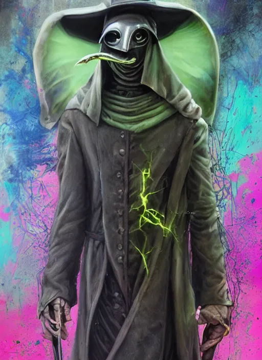 Prompt: a Demon Slayer portrait of a Plague Doctor, tall, pale-skinned, slender with lime green eyes, by Stanley Artgerm, Tom Bagshaw, Arthur Adams, Carne Griffiths, trending on Deviant Art, street art, face enhance, chillwave, maximalist, full of color, glittering