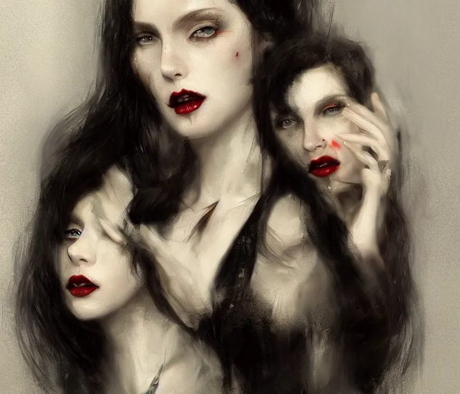 Image similar to a photorealistically painted portrait of lady vampire!!!!, dressed in a suit, perfect face!!!, beautiful eyes!!, digital painting, concept art, minimal artifacts, volumetric lighting, Artgerm and William-Adolphe Bouguerea, in the style of Tom Bagshaw, cinematic!!, stunning!, trending on Artstation!, award winning art!!!