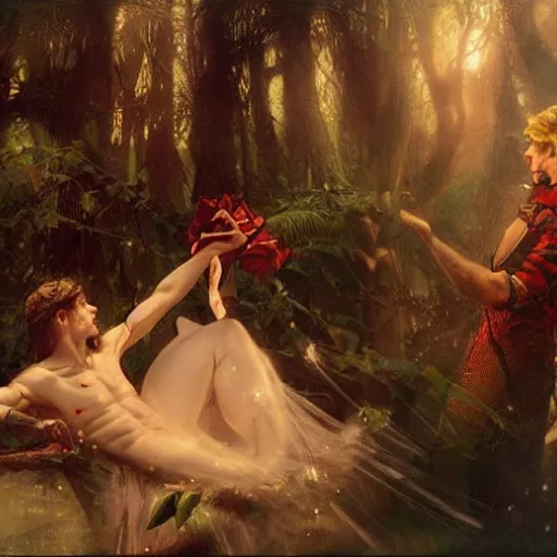 Image similar to attractive male fairy of the forest confesses his love to attractive male dracula the vampire. highly detailed painting by gaston bussiere, craig mullins, j. c. leyendecker 8 k