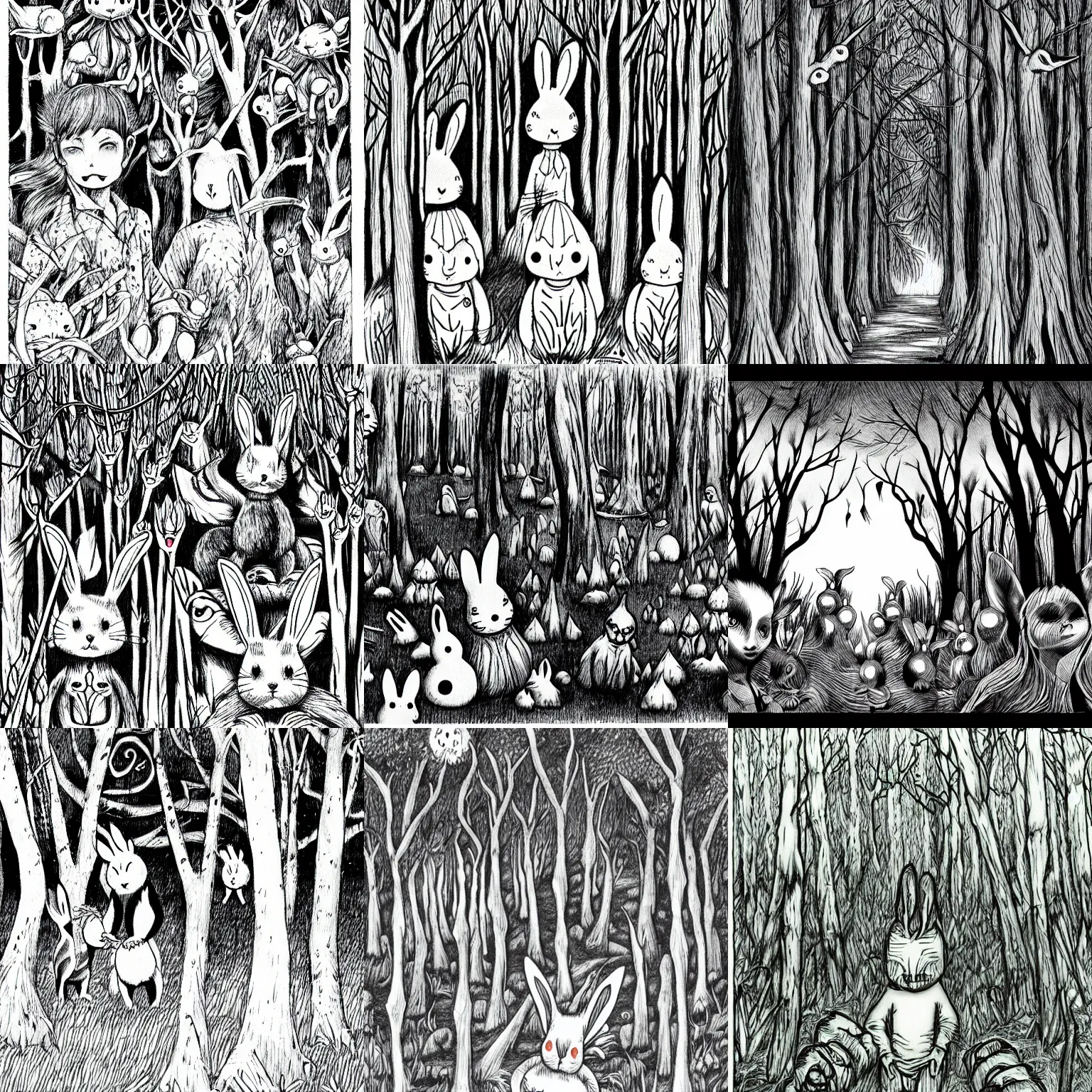 Prompt: A forest with bunnies, horror, terror, manga, hq, pencil, inspired by junji ito