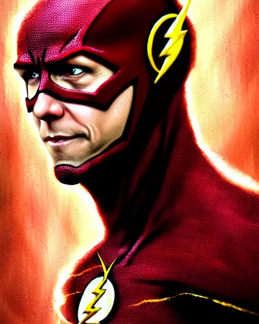 Image similar to michael rosenbaum dressed as the flash, character portrait, portrait, close up, concept art, intricate details, highly detailed by greg rutkowski, michael whelan and gustave dore