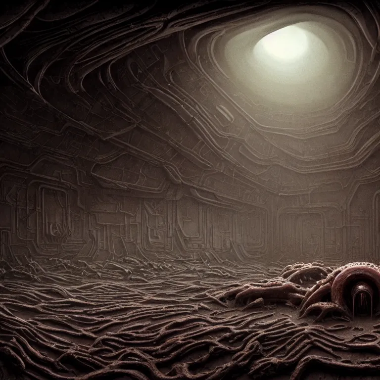 Image similar to ribbed surreal abandoned alien spaceship interior halls on exoplanet, covered in organic flesh meat, in a desolate empty wasteland, creepy, nightmare, dream-like heavy atmosphere, surreal abandoned buildings, beautiful detailed intricate insanely detailed octane render trending on Artstation, 8K artistic photography, photorealistic, chiaroscuro, Raphael, Caravaggio, Beksinski, Giger