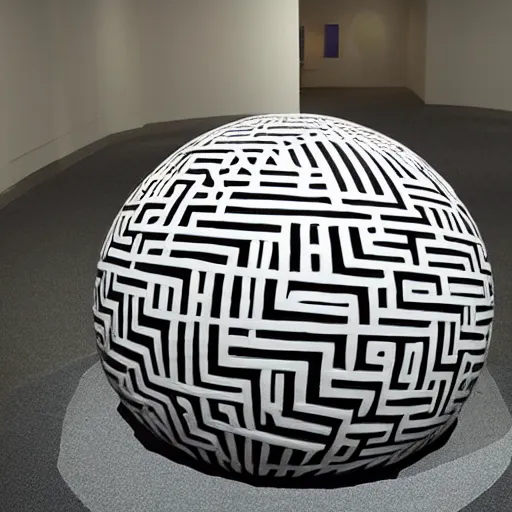 Image similar to : black sphere with white maze pattern carved in it , gallery art installation Museum