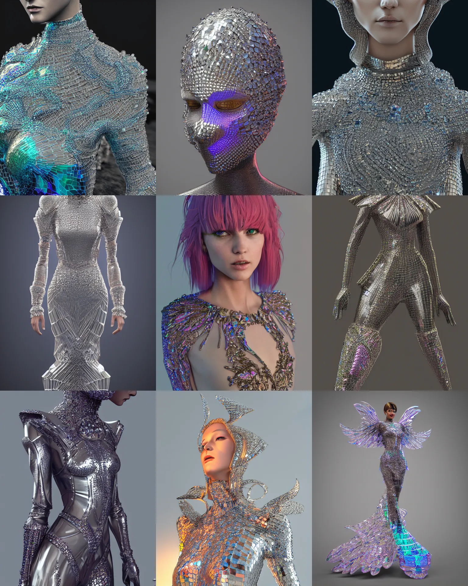 Prompt: kirill maksimchuk wearable crystal iridescent 3 d sculpture haute couture design, editorial award, intricate avant design, stylized volume fabric realism, high details, 8 k, octane render, unreal engine, anime stylized, trending on artstation, stylized shading