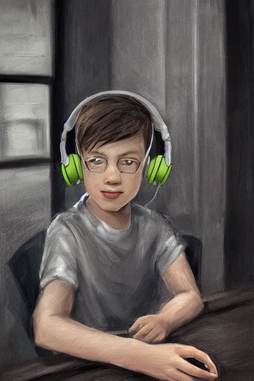 Image similar to a boy with headphones sitting on a table in a cafe, digital art, digital painting, masterpiece, concept art, trending on deviantart, highly detailed, high quality, anatomically correct, five fingers, cinematic, high coherence, soft lighting, soft colors, beautiful, elegant, short black hair, 4 k, symmetrical, realistic and detailed face, cartoon