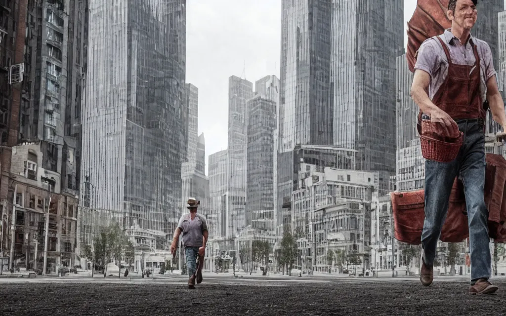 Image similar to a giant farmer walking in the big city. beautiful, realistic, 4K