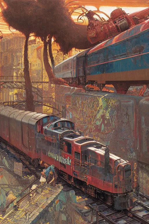 Image similar to trains covered in dripping graffiti paint, by lawrence alma tadema and zdzislaw beksinski and norman rockwell and jack kirby and tom lovell and greg staples and hiroshi yoshid and moebius and loish and artgerm, painterly, symmetrical, ultra detailed, hyper realistic, illustration, sunset lighting