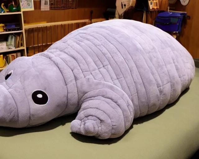 Image similar to bed in the shape of a tardigrade. sleeping on a giant tardigrade plush doll. quilted plush, soft, downy, comfortable. multiple limbs, panarthropoda, water bear!