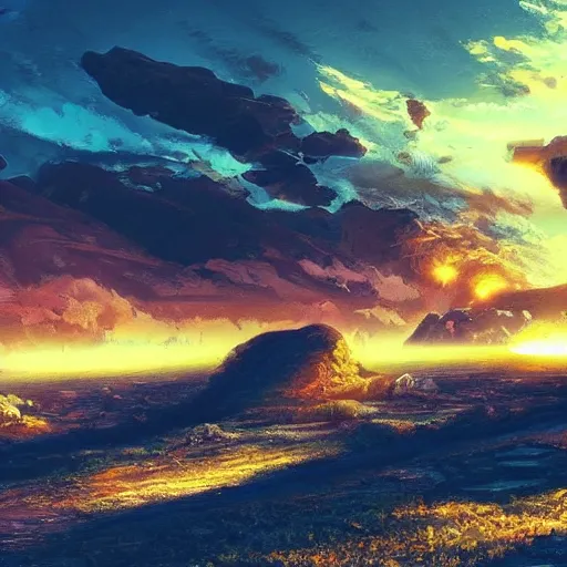 Image similar to a futuristic landscape with explosions. Sunset un the background ando beautiful clouds. 4k. Digital Art. Trending on Artstation