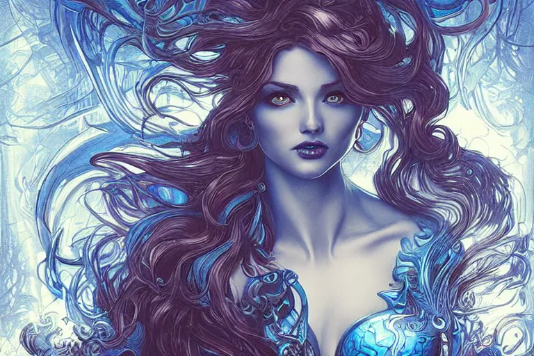 Prompt: a pretty woman with glowing blue eyes and hair made of liquid metal surrounded by an environment designed by Joe Fenton, fog, volumetric lighting, intricate, elegant, highly detailed, digital painting, artstation, concept art, smooth, sharp focus, art nouveau, art by artgerm and raymond swanland and alphonse mucha