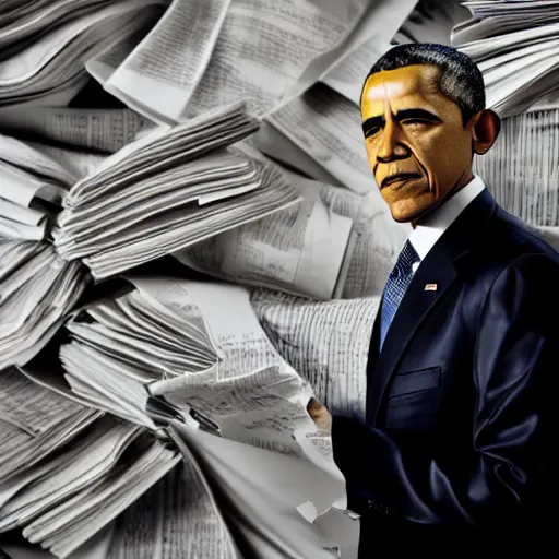 Image similar to obama nervously standing by a mountain of papers, videogame still, portrait, 4 0 mm lens, shallow depth of field, close up, split lighting, cinematic