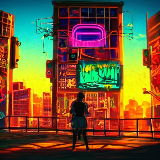 Image similar to beautiful graffiti on a wall in a cyberpunk city, happy mood, futuristic, neon, high detail, sunset, realistic