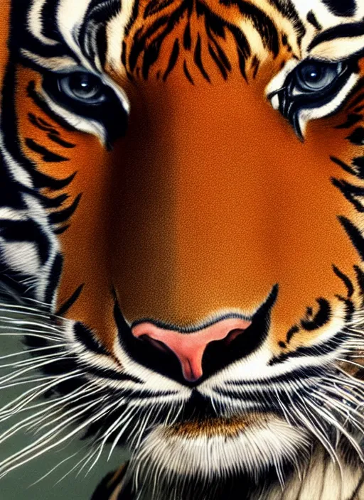 Image similar to a color photo of a tiger, a photorealistic painting by christian w. staudinger, behance, hyperrealism, hyper realism, majestic, wallpaper