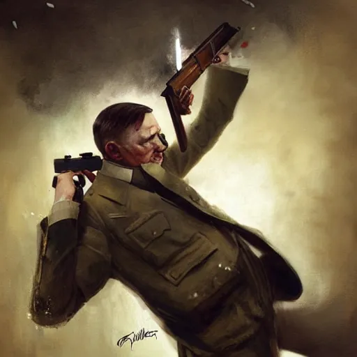 Image similar to adolf hitler holding a gun and shooting himself his head exploded because of the bullet by greg rutkowski