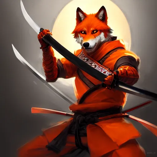 Prompt: commission portrait of a orange wolf dressed as a samurai holding a katana,dramatic,character design by charles bowater,greg rutkowski,ross tran,hyperdetailed,hyperrealistic,4k,deviantart,artstation,professional photography,concept art