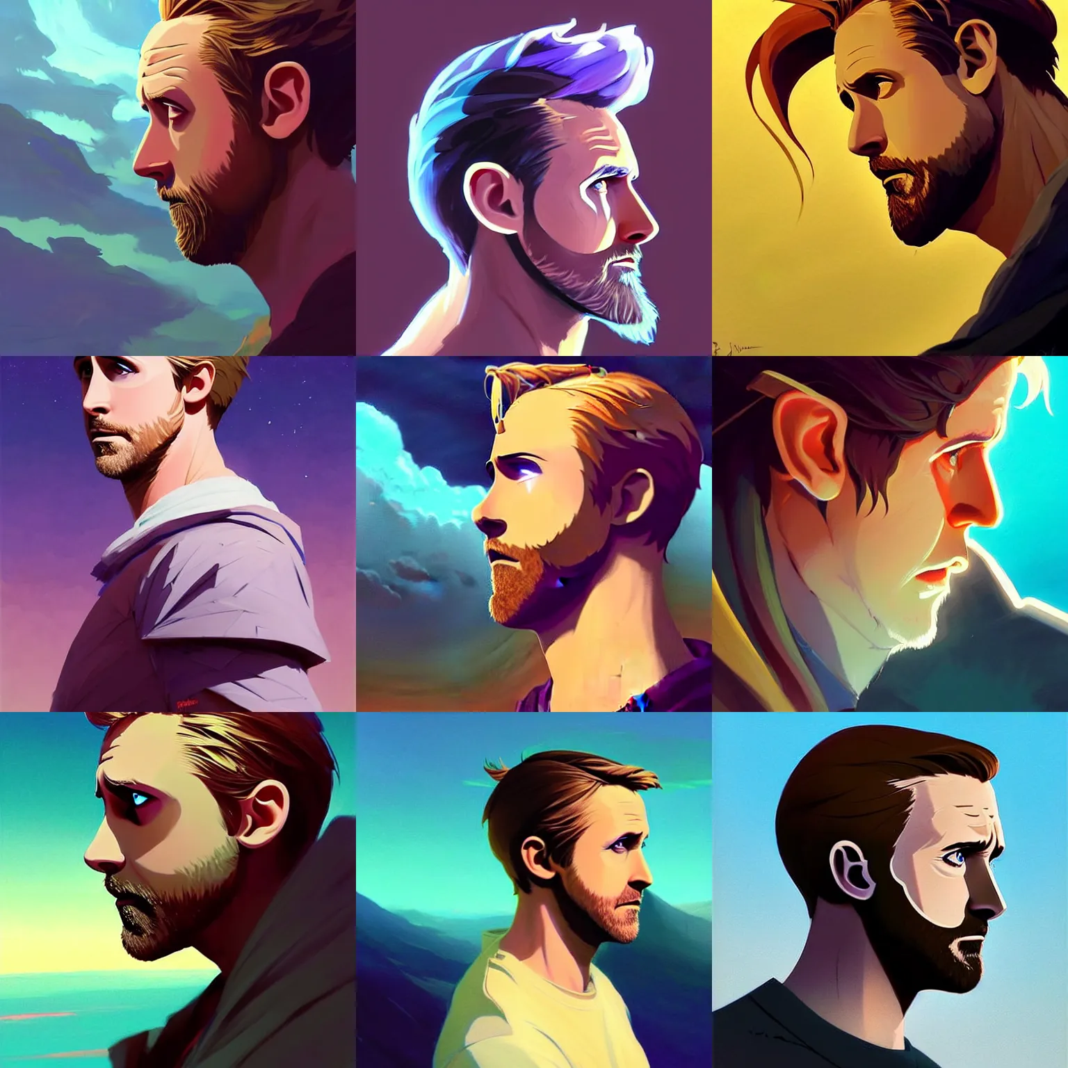 Prompt: side profile centered painted portrait, Ryan Gosling as a wind sorcerer, D&D, cell-shaded, matte painting concept art, bright backlit, official fanart, 4k, Pinterest, by Jesper Ejsing and RHADS and Makoto Shinkai and Louis can baarle and ilya kuvshinov and rossdraws and Cushart Krentz and Gilleard James and Alphonse Mucha - H 704