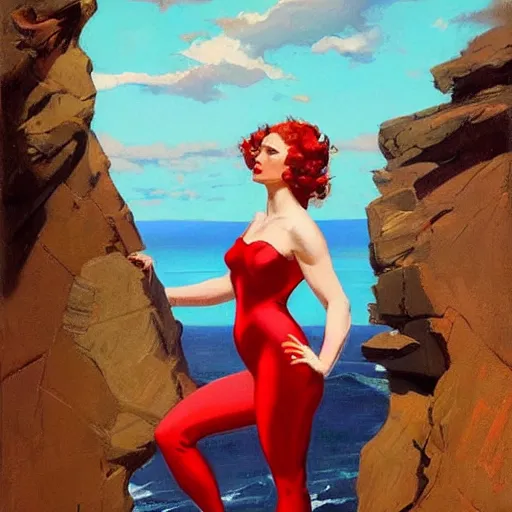 Image similar to an attractive female in a red suit standing on a cliff, looking out at a red ocean, jc leyendecker!! phil hale!, angular, brush strokes, painterly, vintage, crisp