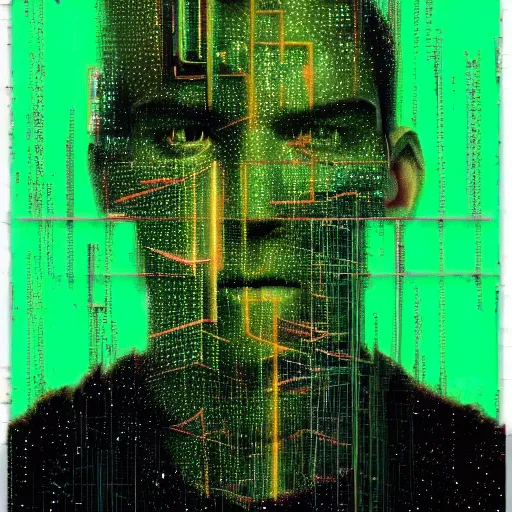 Image similar to hyperrealistic portrait of a cyberpunk teenager, male, smiling, immersed within a glitch network, digital ui, by Guy Denning, Metzinger, Russ Mills, glitch art, hacking effects, glitch effects, digital al tech effects, chromatic, color blocking!, green blockings, acrylic on canvas, concept art, abstract, trending on cgsociety, trending on artstation