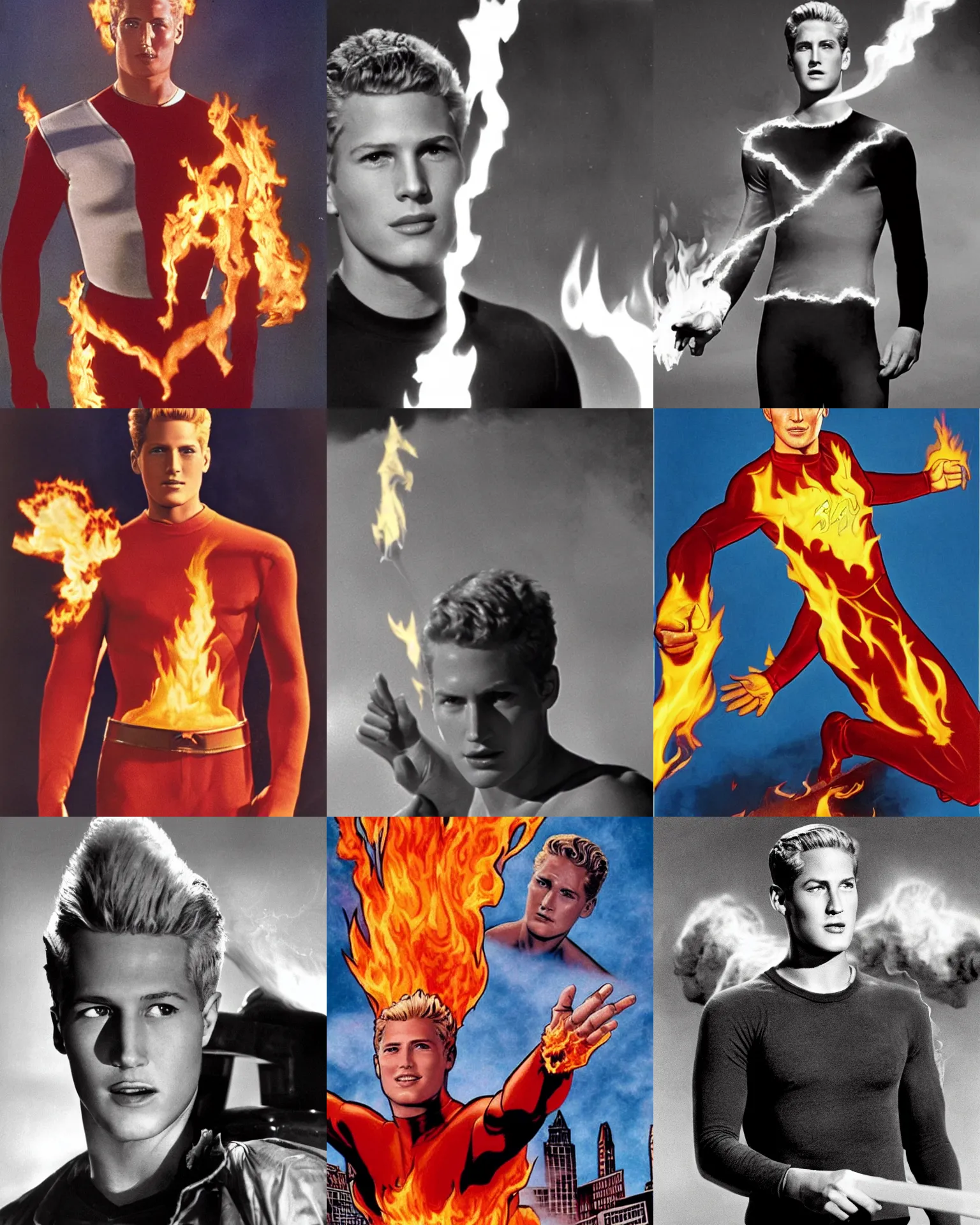 Prompt: Young Paul Newman starring as Johnny Storm, The Human Torch from The Fantastic Four Movie, Flame On, Entirely Engulfed in Fire and Smoke as The Human Torch, Color, Modern