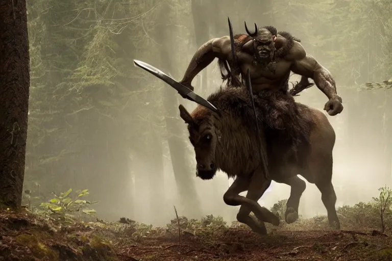 Image similar to vfx movie closeup detailed ancient warrior orc hunting elk in the forest, natural lighting by emmanuel lubezki