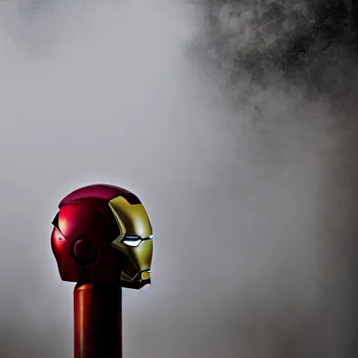 Prompt: Iron Man helmet standing on the debris of an apartment, dusty, broken, post-apocalyptic, mist