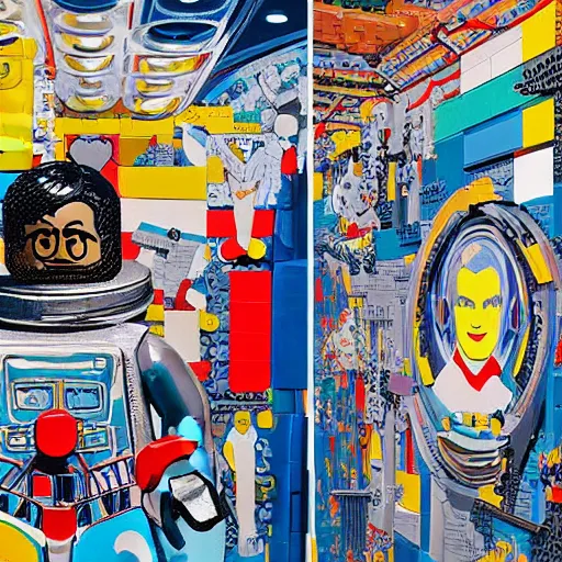 Prompt: detailed oil painting of a lego man in detail in space by james jean, by andy warhol, by frida kahlo