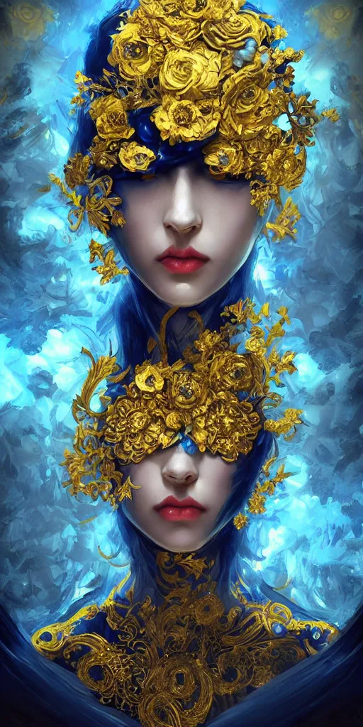 Image similar to black blue yellow, complicated gold and blue flowers the baroque style decoration, dark fantasy, intricate, elegant, highly detailed, digital painting, artstation, concept art, matte, 3 d 8 k octane rendered, sharp focus, illustration, octane rendered, art by artgerm