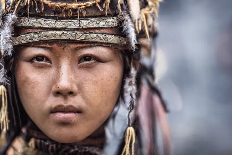 Prompt: close - up photo of a beautiful tai warrior princess in a battle scene, detailed eyes, shallow depth of field, photorealistic, cinematic lighting, lovely bokeh, warm colours, dusk