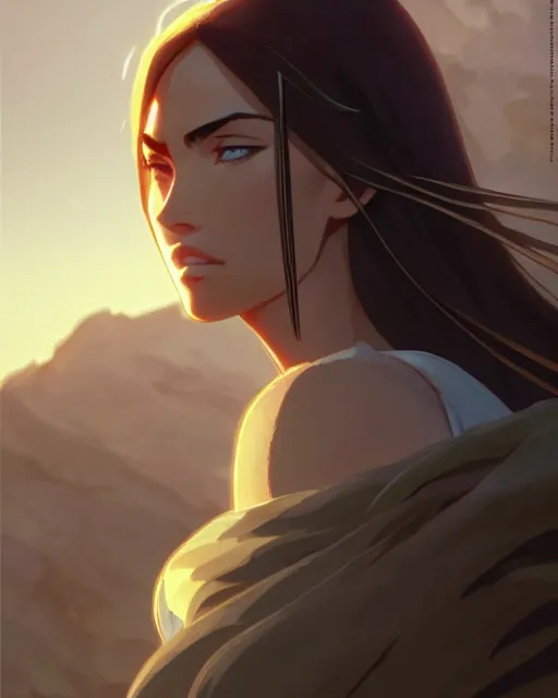 Image similar to azctec warrior, megan fox, detailed perfect face, exquisite details, fire magic, night, mid view, design on a white background, by studio muti, greg rutkowski makoto shinkai takashi takeuchi studio ghibli