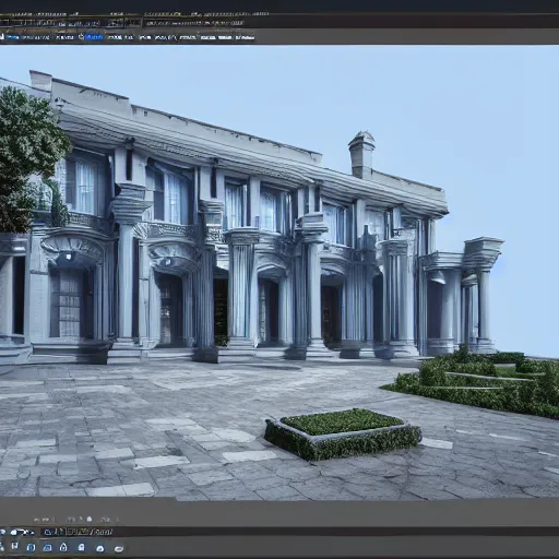 Image similar to dreamy architecture on hill render by Alexis Christodoulou. cinema 4D. photorealism. blue color scheme