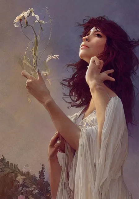 Image similar to french singer mylene farmer, intricate, elegant, highly detailed, digital painting, artstation, concept art, smooth, sharp focus, illustration, art by artgerm and greg rutkowski and alphonse mucha and william - adolphe bouguereau