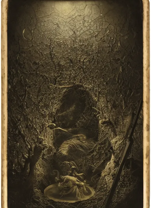 Prompt: old wetplate daguerreotype birth of artificial life, fractal, intricate, elegant, highly detailed, parallax, leica, medium format, subsurface scattering, by jheronimus bosch and greg rutkowski and louis jacques mande daguerre