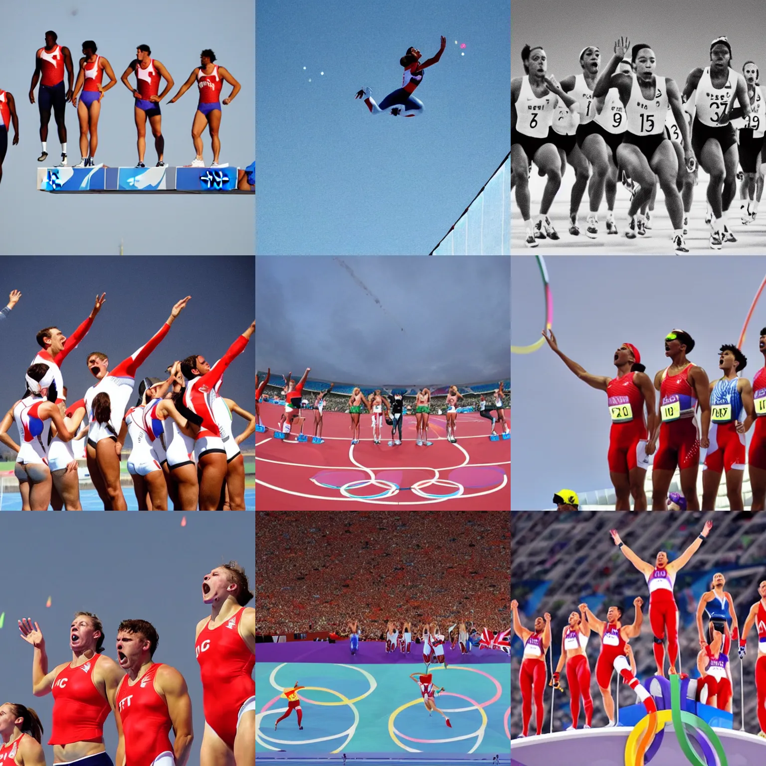 Prompt: athletes yelling at the sky, photo from the olympic games