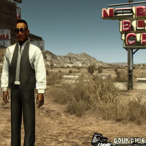 Prompt: gus fring in fallout new vegas, screenshot, modded gameplay, 4k