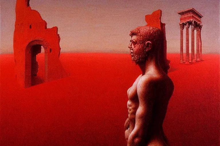 Image similar to only with red, caesar after win war, the deal, a red tiger, in hoc signo vinces, rome in background, an ancient path, in the style of beksinski, part by hopper, part by rodcenko, part by hofbauer, intricate composition, red by caravaggio, insanely quality, highly detailed, masterpiece, red light, artstation