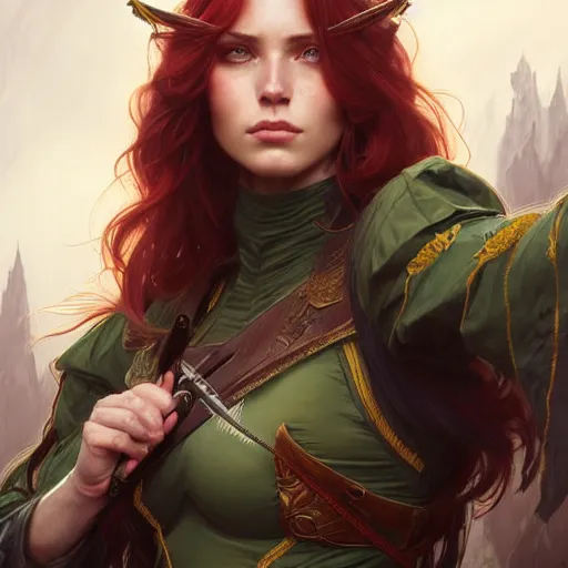 Image similar to Portrait of serious female ranger, D&D, green eyes, face, long red hair, fantasy, intricate, elegant, highly detailed, digital painting, artstation, concept art, smooth, sharp focus, illustration, art by artgerm and greg rutkowski and alphonse mucha