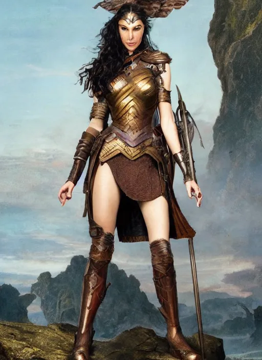 Image similar to highly detailed steampunk armor on gal gadot posing while standing on a rock : leonardo da vinci, greg rutkowski, magali villeneuve