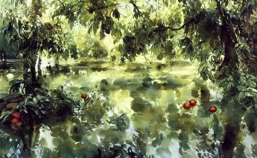 Image similar to oil painting lanscape by anders zorn, jungle nature, fruit trees, very very very very beautiful art, dramatic light, water reflections, aquarelle paint splashes, white canvas border