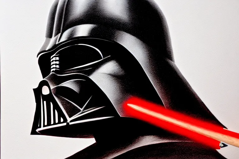 Prompt: darth vader helmet, pencil drawing, red and black, chiaroscuro, high detail, perfect artwork, clean lines