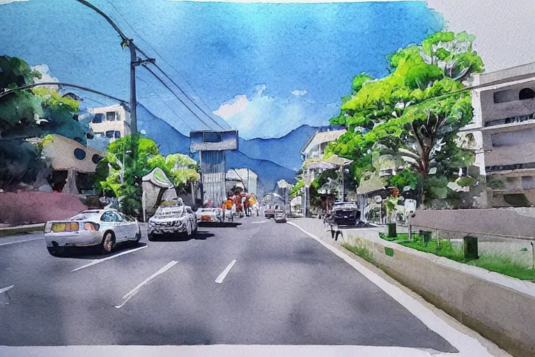 Prompt: !! watercolor!! penang road in a sunny day, artwork by tooth wu, colorful contrast,!! very coherent!!, dark shadow, thick lineart