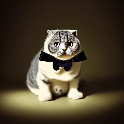 Prompt: a cute chubby Scottish fold cat with bow tie portrait, partially clothed in metal-plated battle armor, face centred, atmospheric lighting, painted, intricate, volumetric lighting, beautiful, golden hour, sharp focus, ultra detailed, by Leesha Hannigan, Ross Tran, Thierry Doizon, Kai Carpenter, Ignacio Fernández Ríos