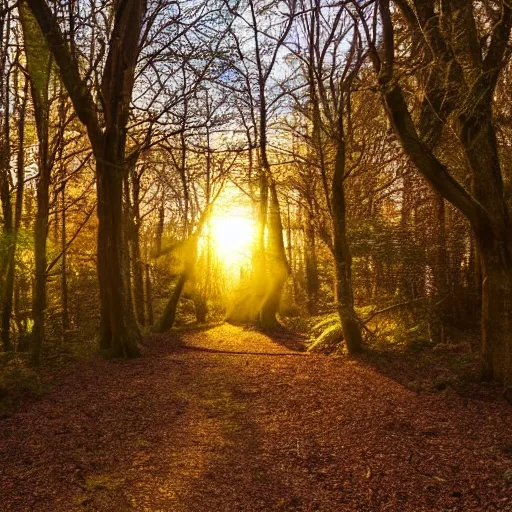 Image similar to woodland path golden hour wide angle, between the trees on the left is a portal to another land with bright sunlight inside, a silhouette of a humanoid stands in the portal, highly textured, adventurous